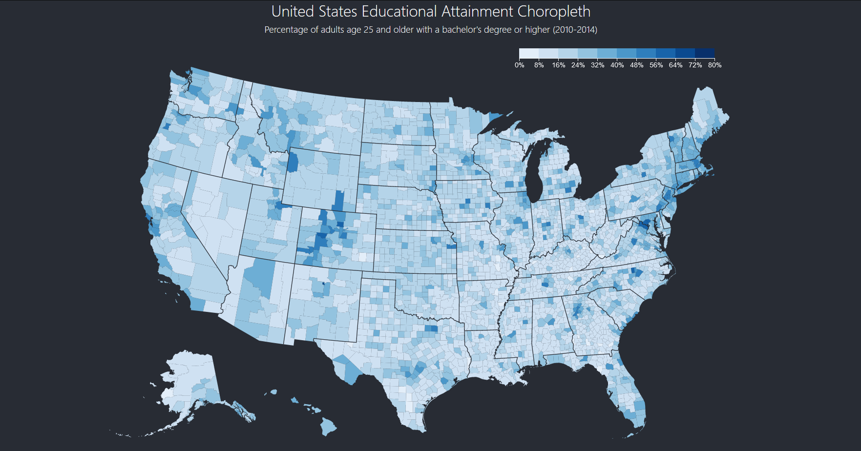 Data Visualisation Project 4 - US Educational Attainment Choropleth (2010-2014)