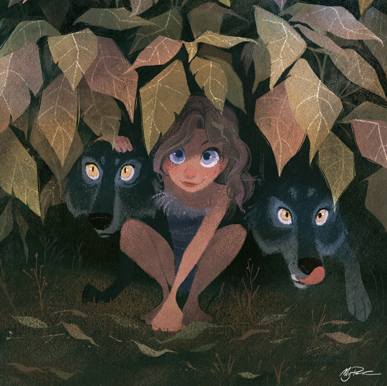 An illustration of a girl flanked by two wolves hiding under leaves